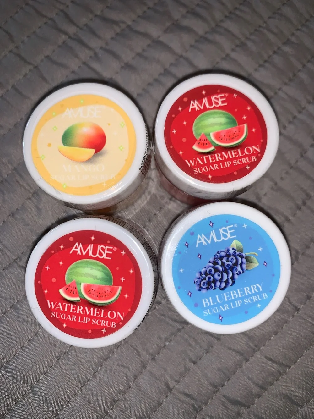 AMUSE Lip scrubs, two watermelon one mango & one blueberry, New you get all four